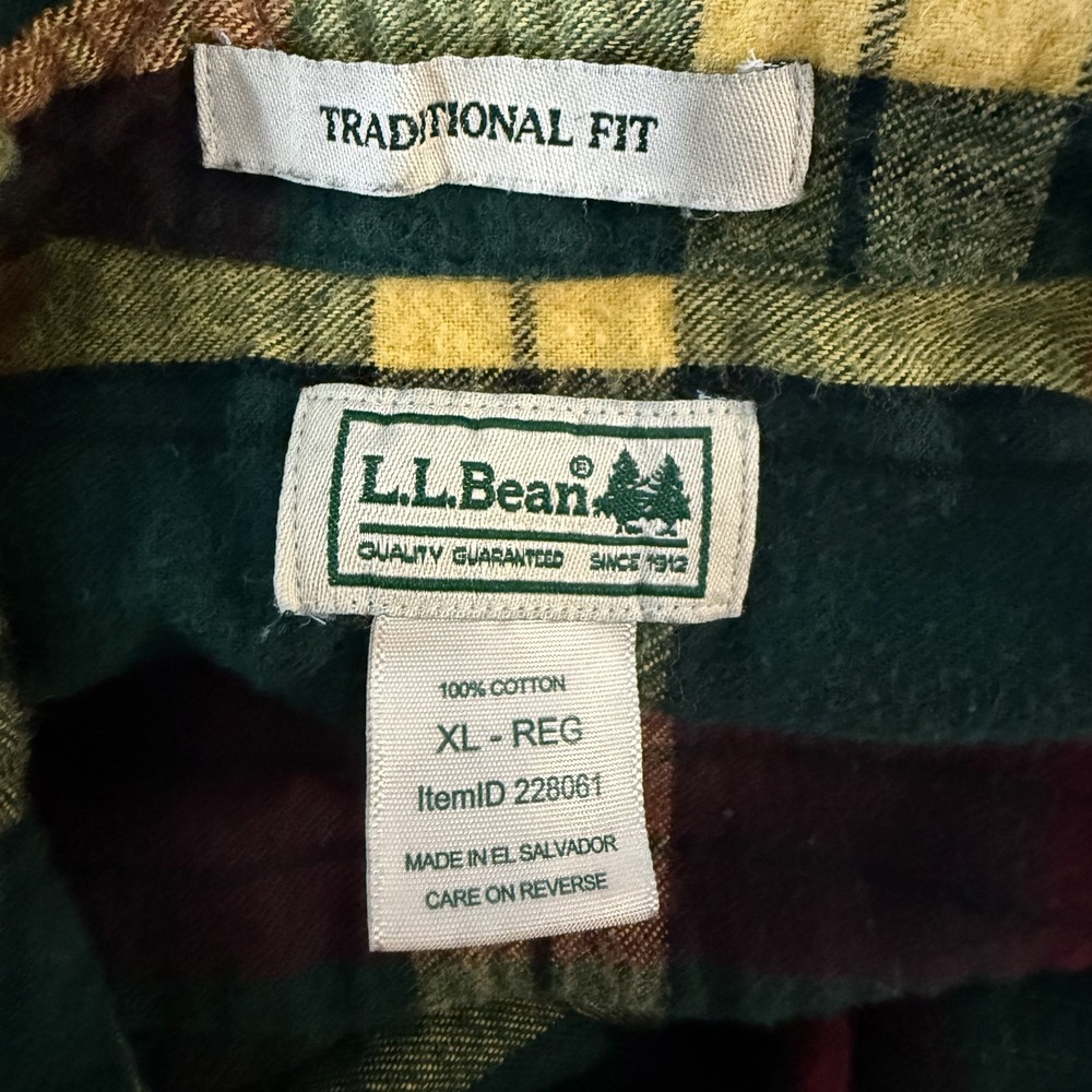 L.L. Bean Flannel Shirt Mens Extra Large Green Plaid Traditional Fit Long Sleeve - Picture 6 of 10